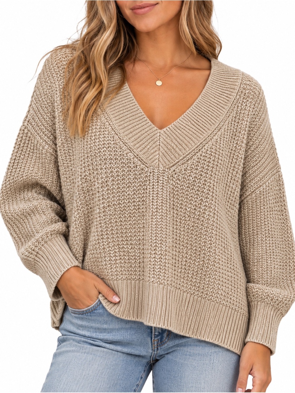 Aerie Chunky Knit Wide V-neck Oversized Sweater boxy size Large 100% cotton